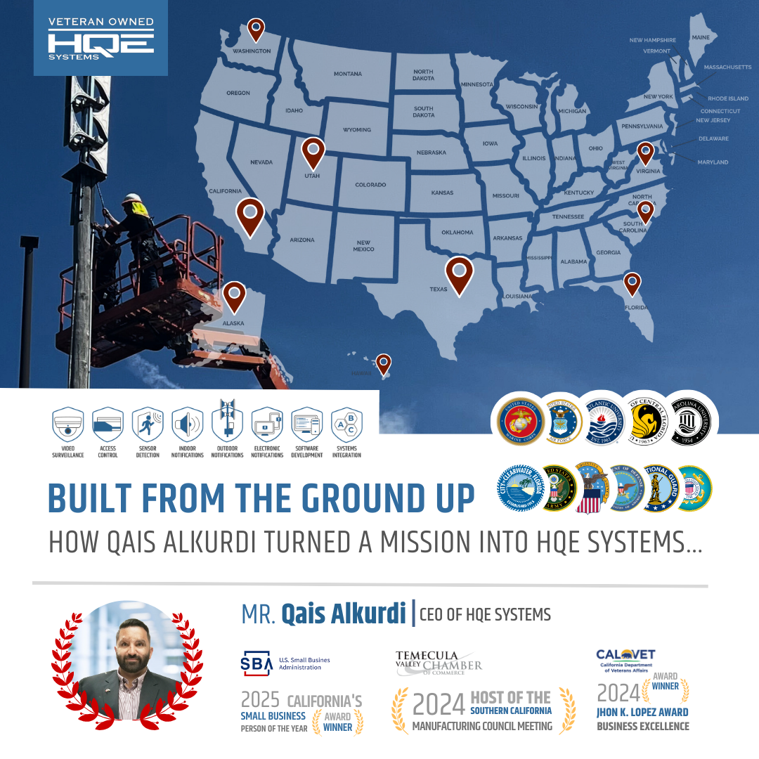 2025 SBA awarded Mr. Qais Alkurdi California's Small Business Person of the Year Award for his hard work creating the company HQE Systems. HQE Systems specializes in life saftey and technology integration for emergency management fields.