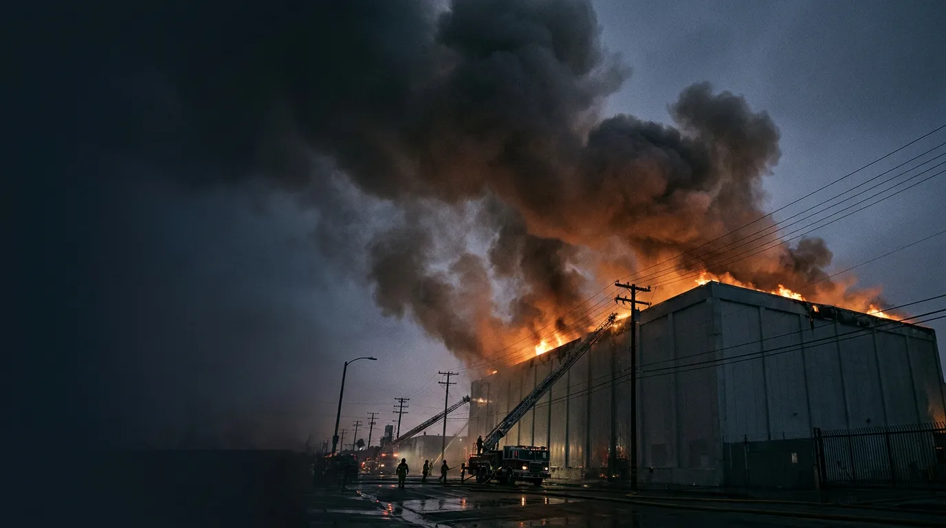 A huge cold storage warehouse burning at dusk with thick smoke plumes and firefighters silhouetted in front of glowing orange flames.