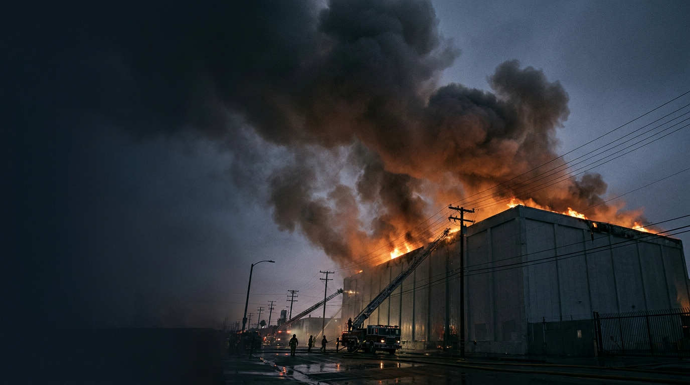 A huge cold storage warehouse burning at dusk with thick smoke plumes and firefighters silhouetted in front of glowing orange flames.