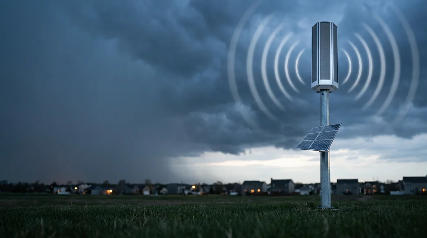 A pole-mounted outdoor warning siren silhouetted against a stormy twilight sky with a distant tornado, with faint sound waves radiating over a dark, powerless town.