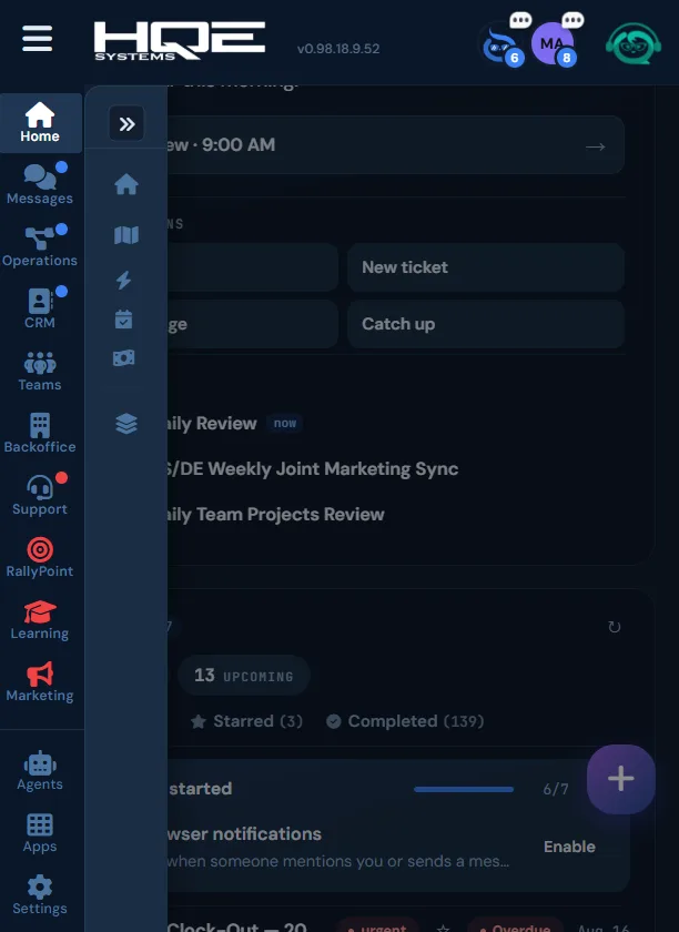 QRM mobile app Home screen with the workspace navigation menu, daily review and task progress