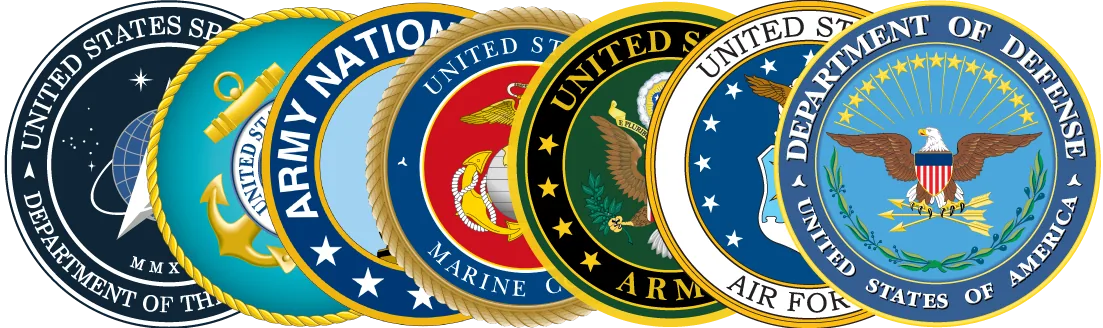 Official seals of the U.S. Space Force, Coast Guard, Army National Guard, Marine Corps, Army, Air Force and Department of Defense