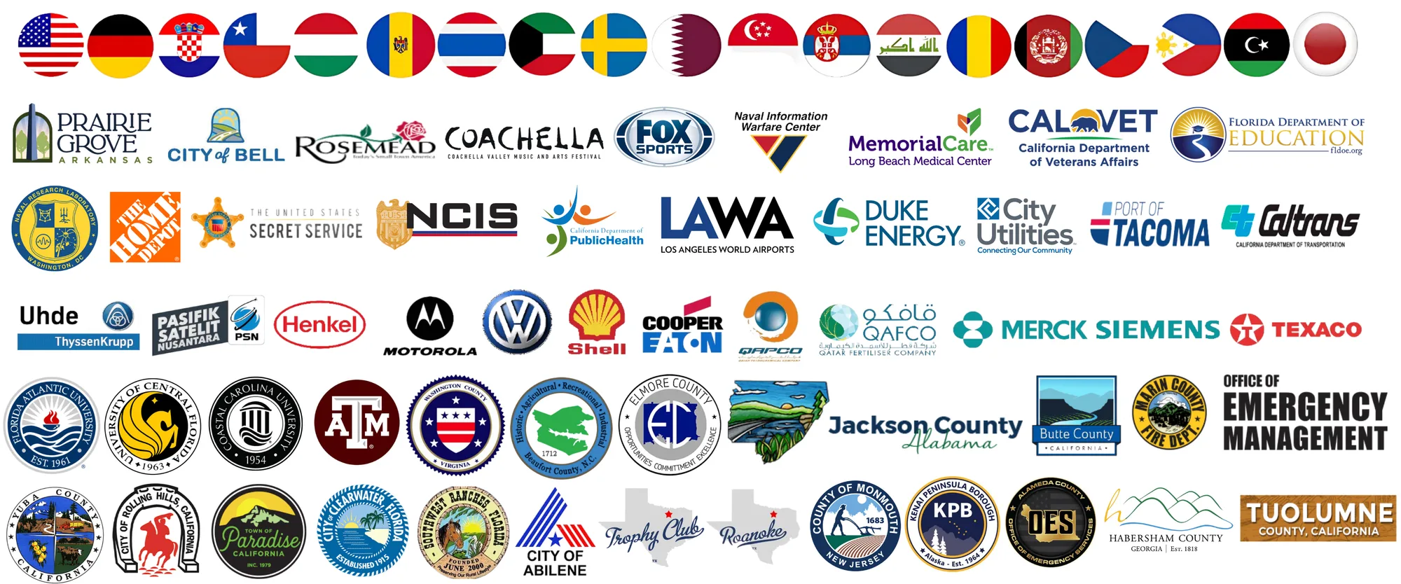 Flags of countries served and logos of HQE Systems clients across federal, municipal, education, healthcare, utilities and enterprise sectors