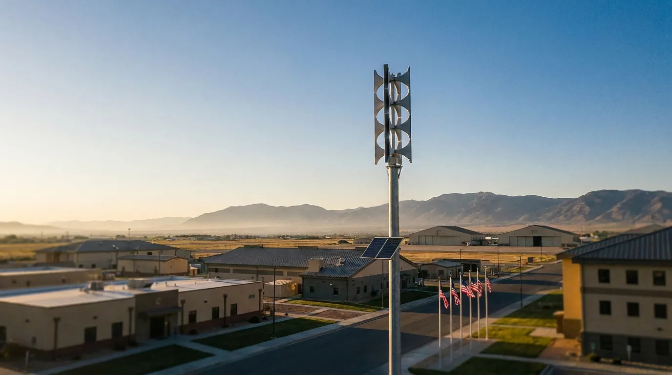 HQE Giant Voice outdoor warning siren on a tall pole above a U.S. military installation at golden hour