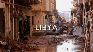 Storm Daniel in Libya – September 2023 floods the streets and destroys buildings.
