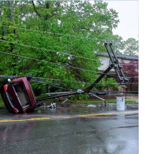 Hurricane Damage to electric pole cutting off the power during a natrual disaster compermising the emergency mass notification and emergency alerts that are being sent out.