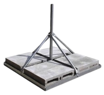 Outdoor warning siren sled technical brochure: non-penetrating roof sled mount with central mast, ballast trays and diagonal bracing